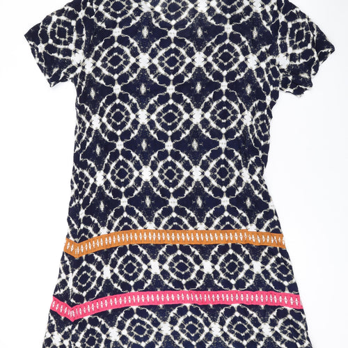 Adini Womens Blue Geometric Viscose T-Shirt Dress Size M V-Neck Pullover