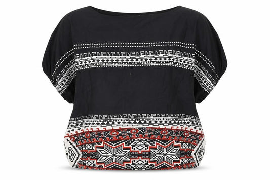 Front view of Boohoo women’s black geometric polyester basic blouse, size M, boat neck