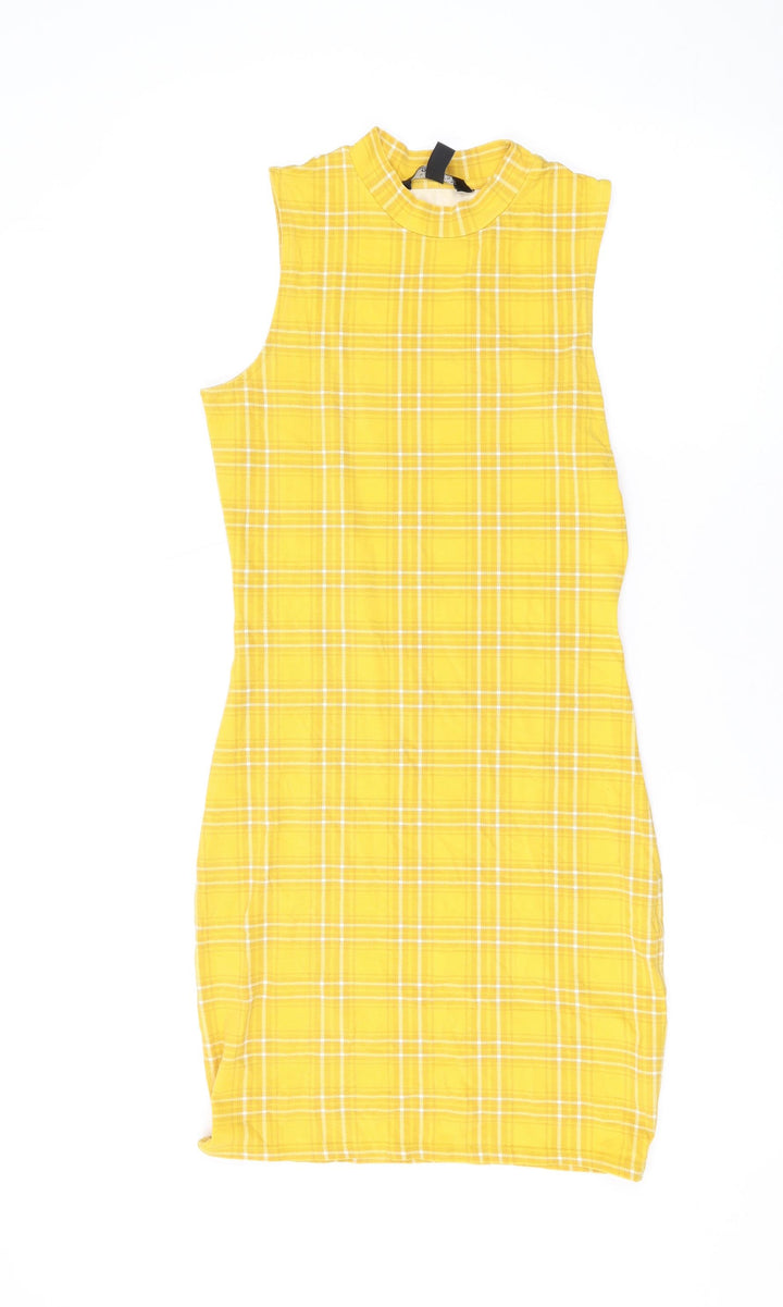 New Look Girls Yellow Plaid Cotton Pencil Dress Size 14-15 Years Mock Neck Pullover