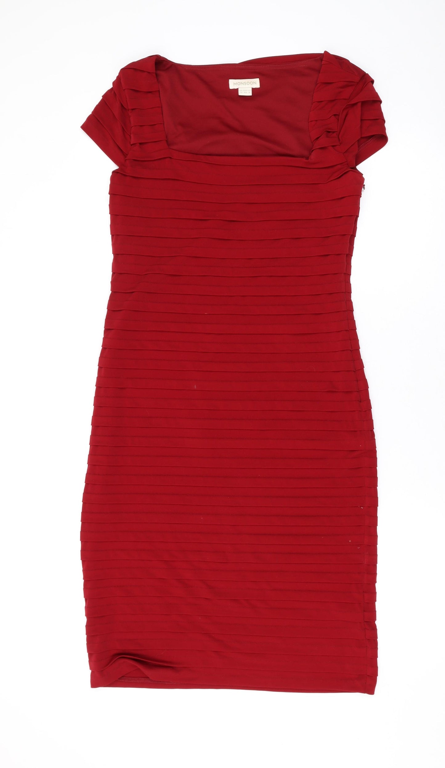 Monsoon Womens Red Polyester Bodycon Size 12 Square Neck Zip