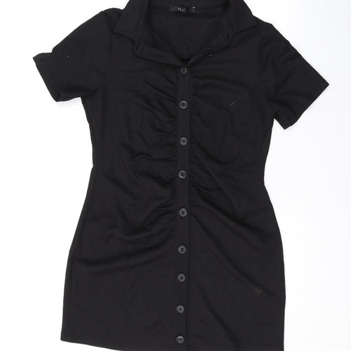 NEXT Womens Black Polyester T-Shirt Dress Size 14 V-Neck Button
