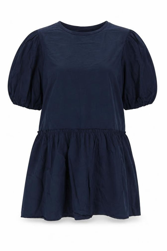 Front view of Zara women’s blue cotton a-line, size L, round neck pullover