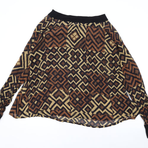 Jaeger Womens Brown Geometric Silk Basic Blouse Size 16 Boat Neck