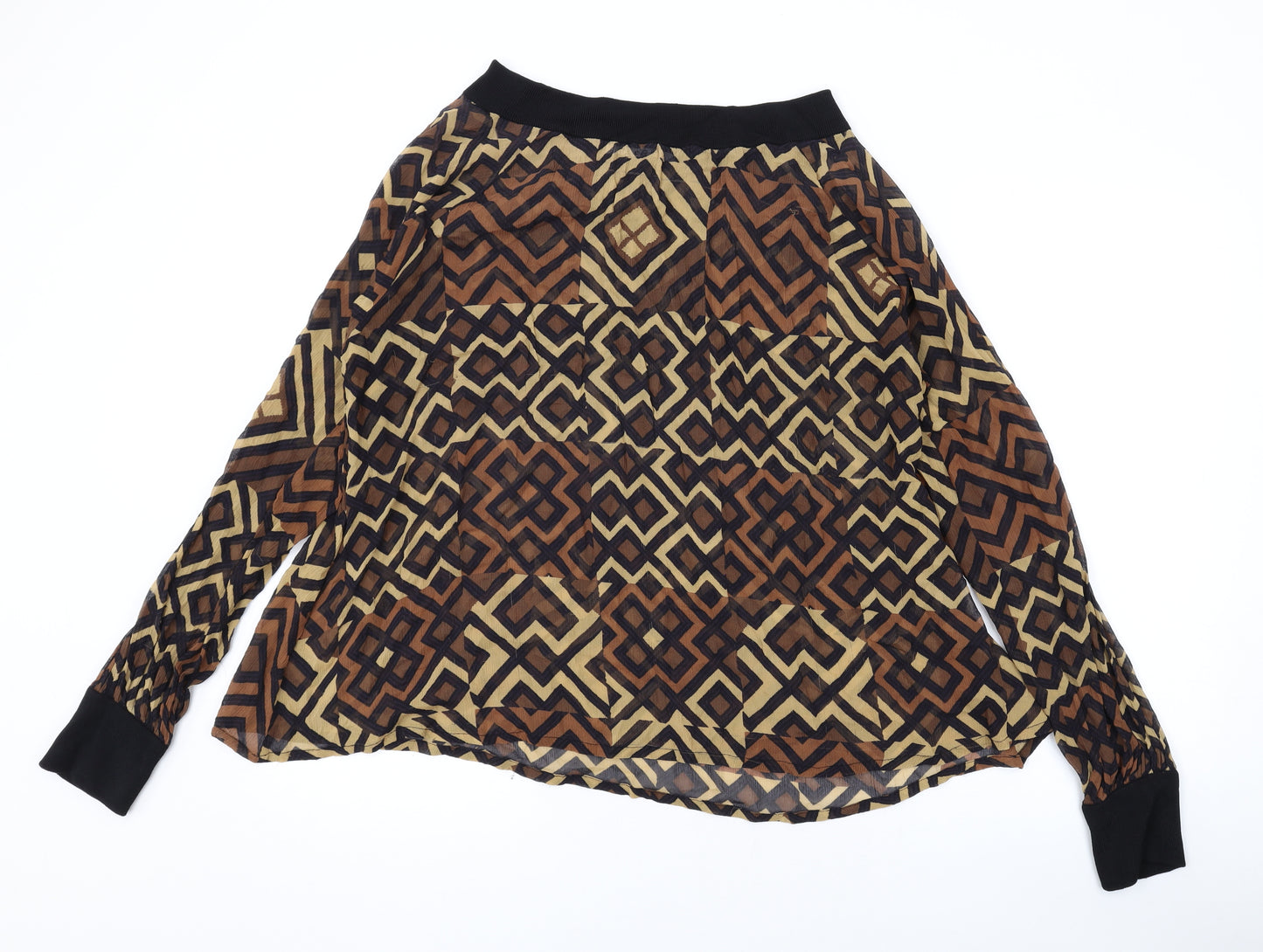 Jaeger Womens Brown Geometric Silk Basic Blouse Size 16 Boat Neck