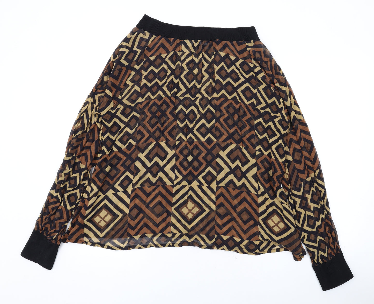 Jaeger Womens Brown Geometric Silk Basic Blouse Size 16 Boat Neck