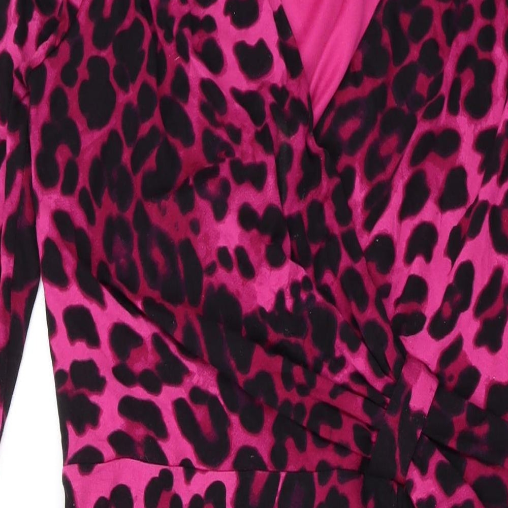 Per Una Womens Pink Animal Print Viscose Bodycon Size 12 V-Neck Pullover