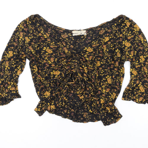 Urban Outfitters Womens Black Floral Polyester Basic Blouse Size S V-Neck