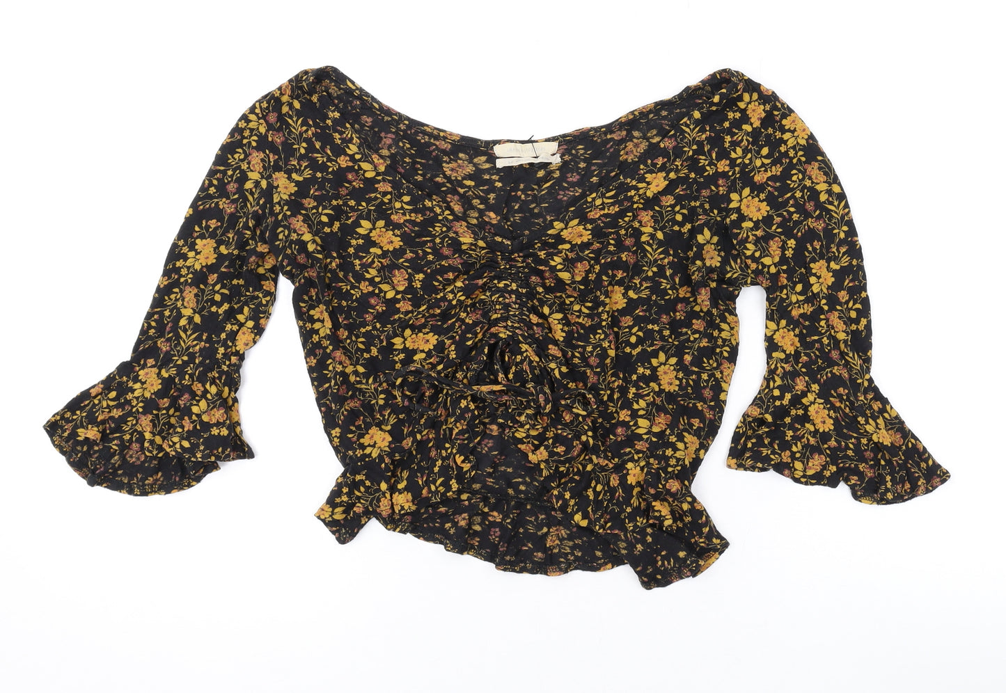 Urban Outfitters Womens Black Floral Polyester Basic Blouse Size S V-Neck