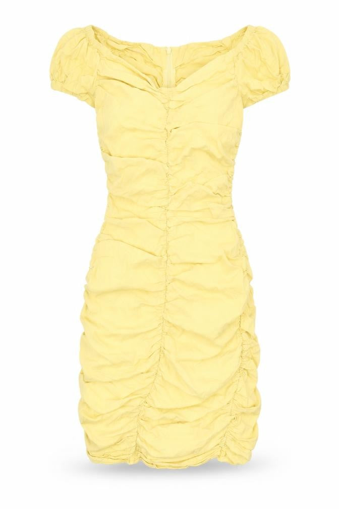 Front view of Zara women’s yellow polyester bodycon, size XS, sweetheart zip