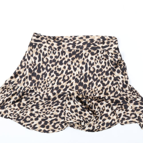 Zara Womens Brown Animal Print Polyester Mini Skirt Size L Zip
