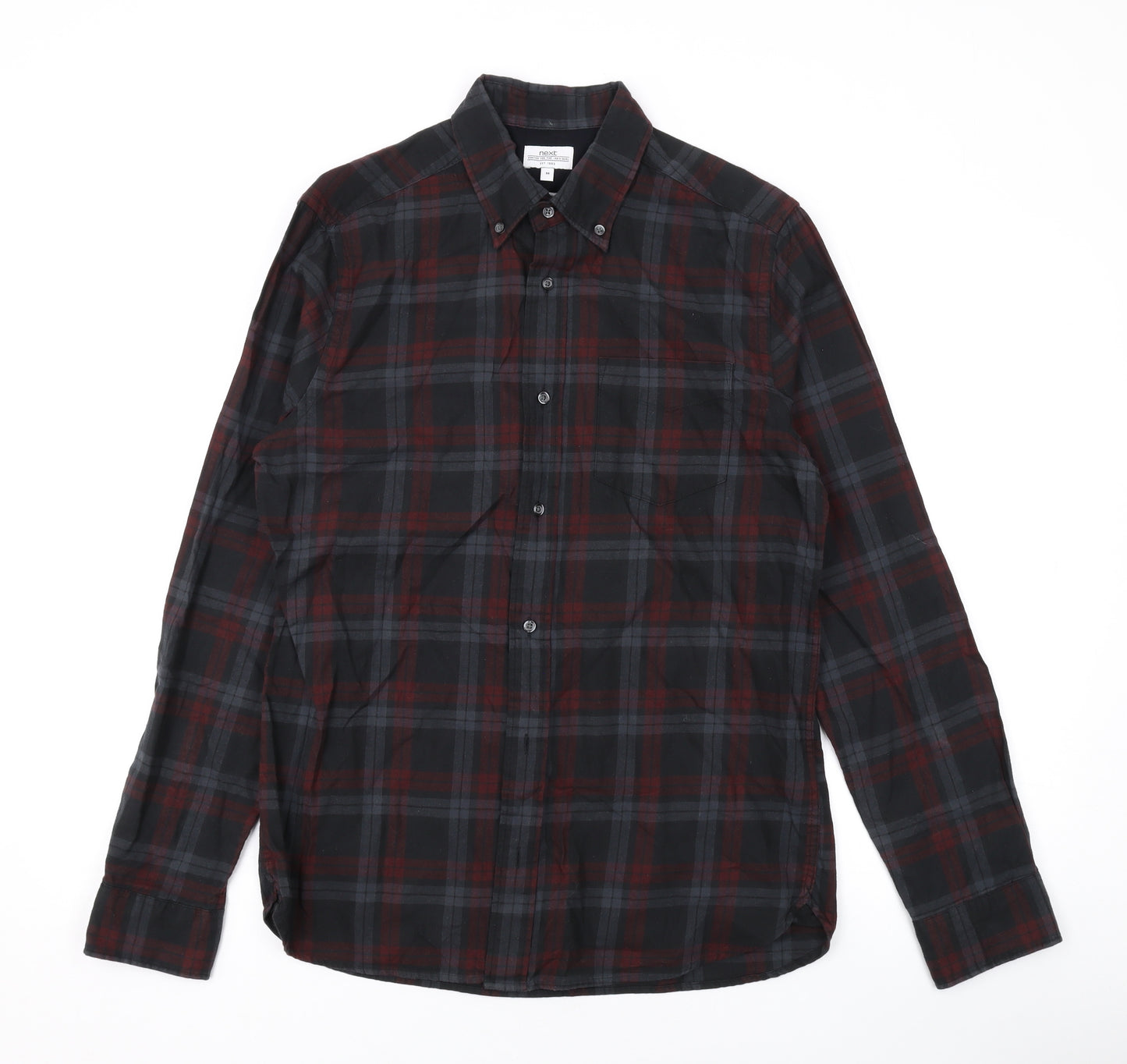 NEXT Mens Grey Plaid Cotton Button-Up Size M Collared Button