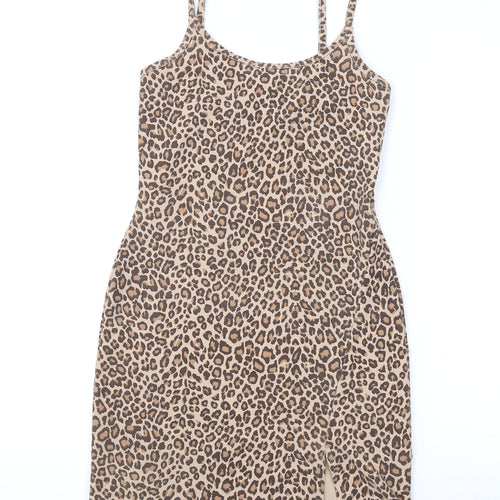 PRETTYLITTLETHING Womens Brown Animal Print Polyester Mini Size 8 Scoop Neck Pullover