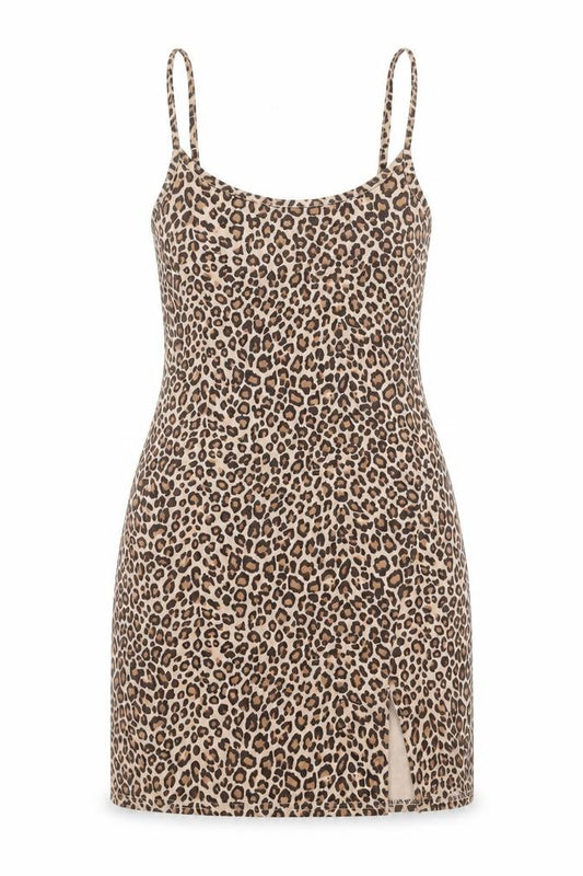 Front view of PRETTYLITTLETHING women’s brown animal print polyester mini, size UK 8, scoop neck pullover