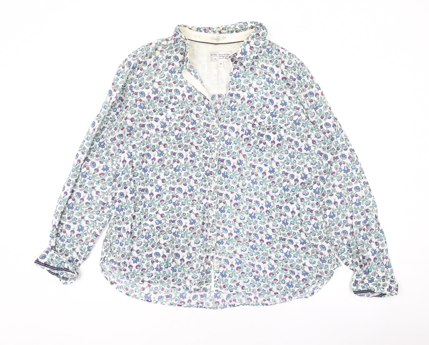 Fat Face Womens White Floral Cotton Basic Button-Up Size 18 V-Neck