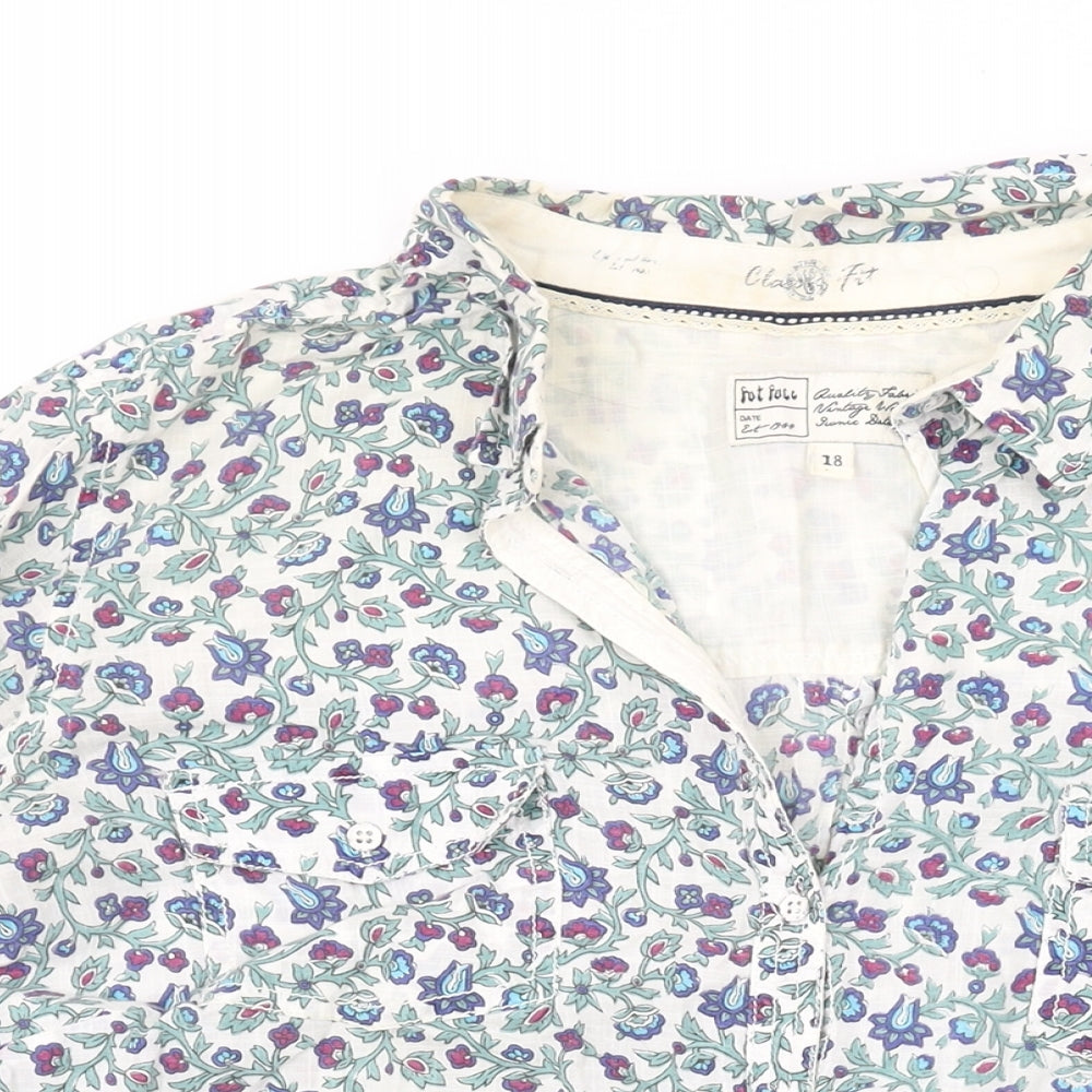 Fat Face Womens White Floral Cotton Basic Button-Up Size 18 V-Neck