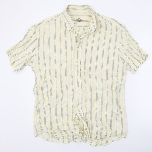 The Savile Row Mens Yellow Striped Linen Button-Up Size L Collared Button