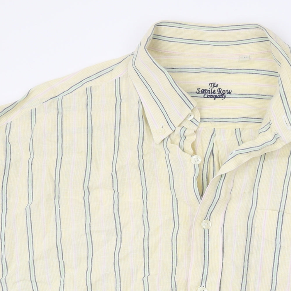 The Savile Row Mens Yellow Striped Linen Button-Up Size L Collared Button