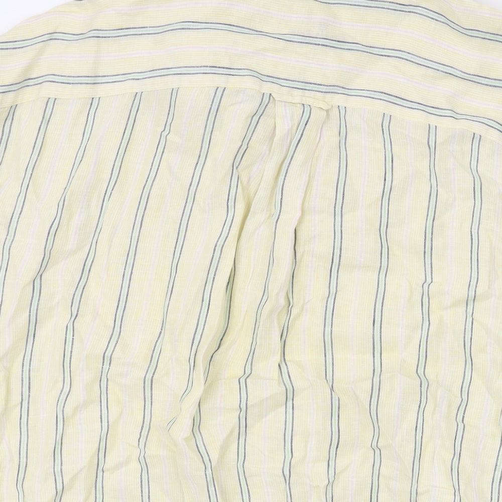 The Savile Row Mens Yellow Striped Linen Button-Up Size L Collared Button