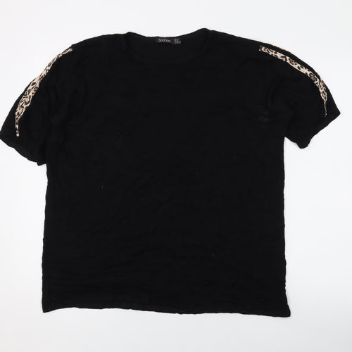 Boohoo Womens Black Animal Print Cotton Basic T-Shirt Size 16 Round Neck