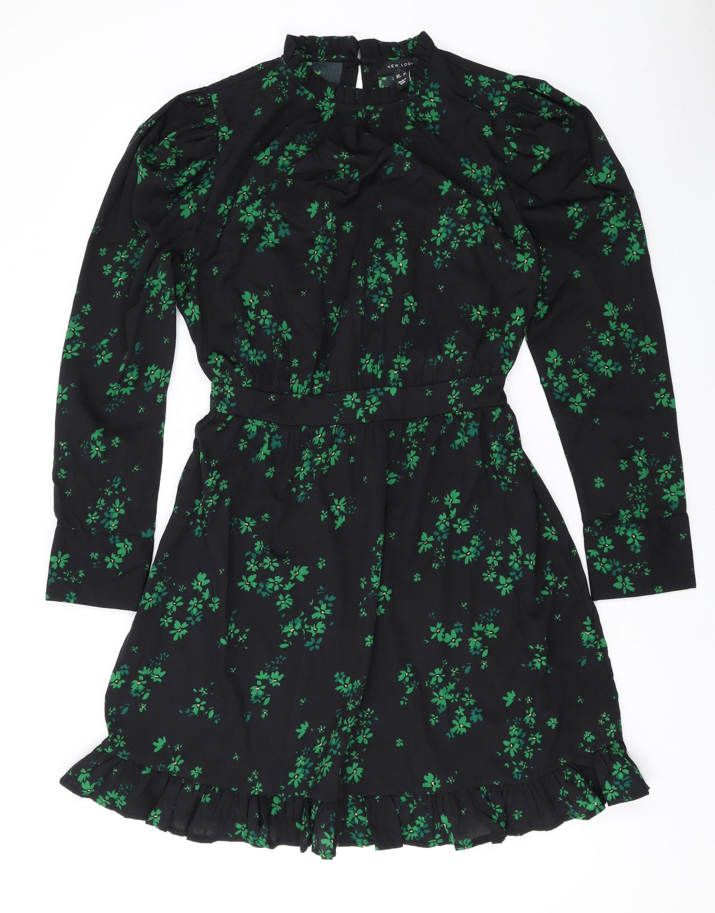 New Look Womens Black Geometric Polyester A-Line Size 12 Mock Neck Button