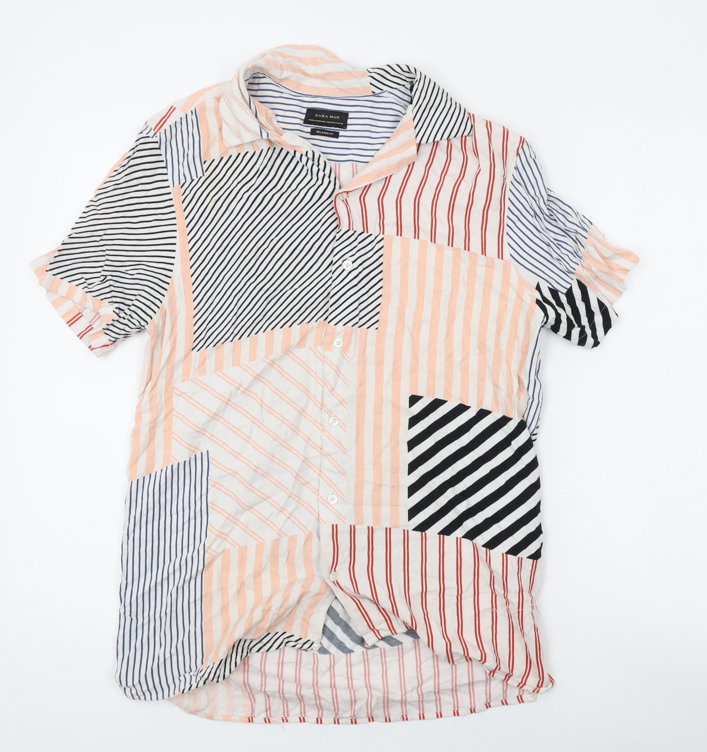Zara Mens Multicoloured Striped Cotton Button-Up Size S Collared Button