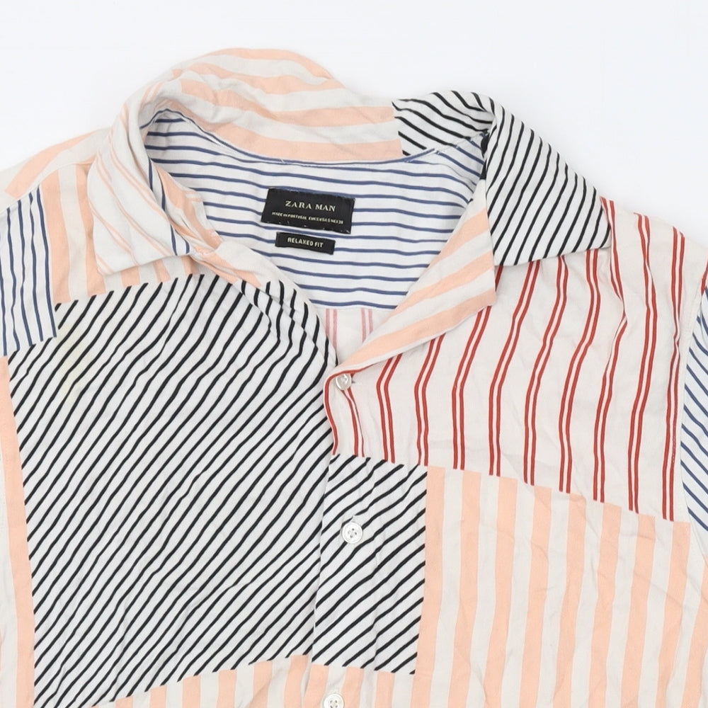Zara Mens Multicoloured Striped Cotton Button-Up Size S Collared Button