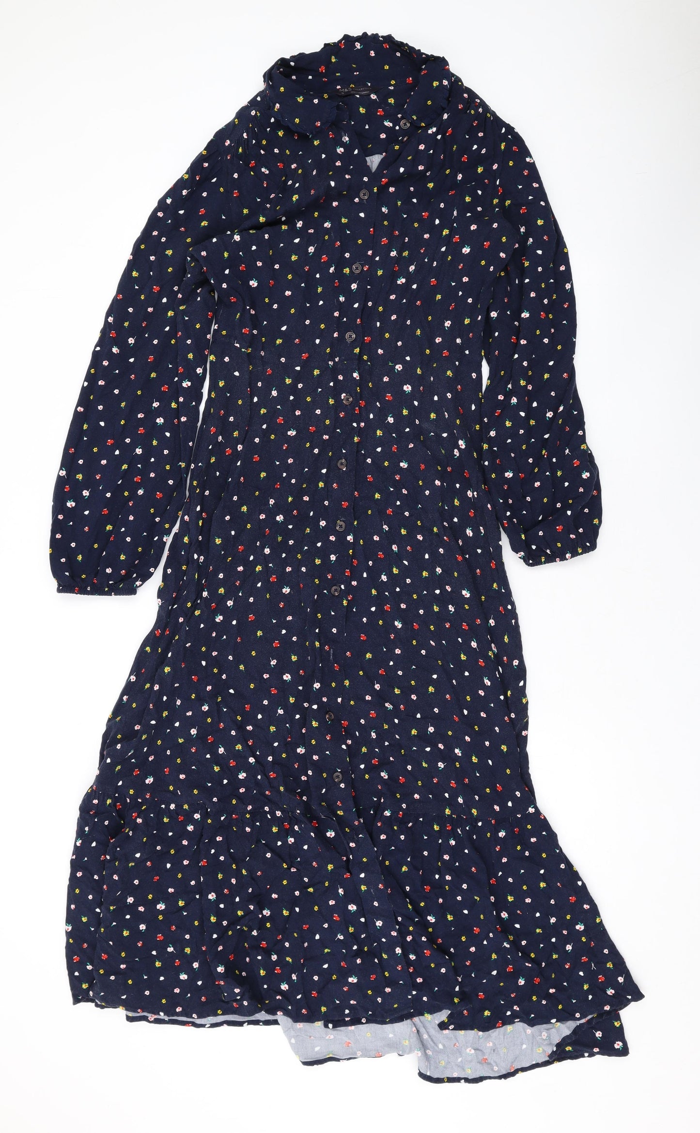 Marks and Spencer Womens Blue Floral Viscose Maxi Size 10 Collared Button