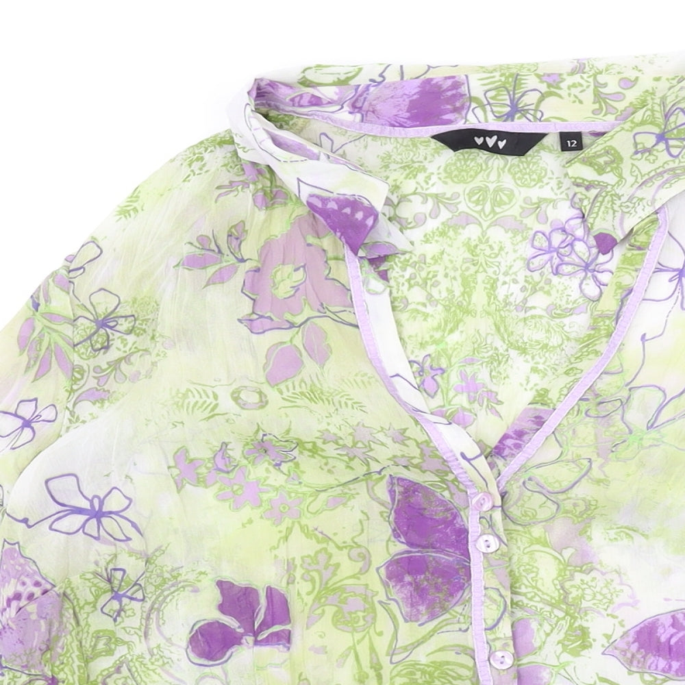 Per Una Womens Green Floral Polyester Basic Button-Up Size 12 V-Neck