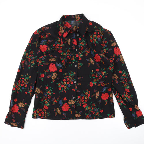 Marks and Spencer Womens Black Floral Wool Basic Button-Up Size 12 Collared