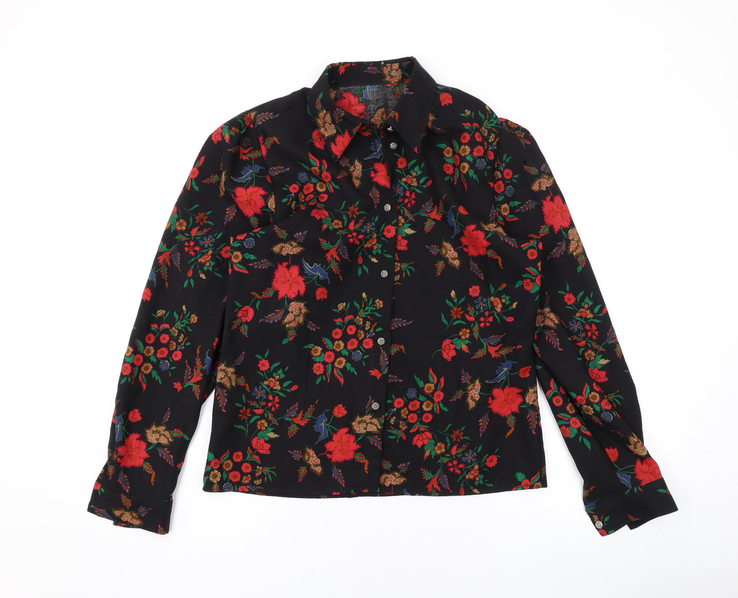 Marks and Spencer Womens Black Floral Wool Basic Button-Up Size 12 Collared