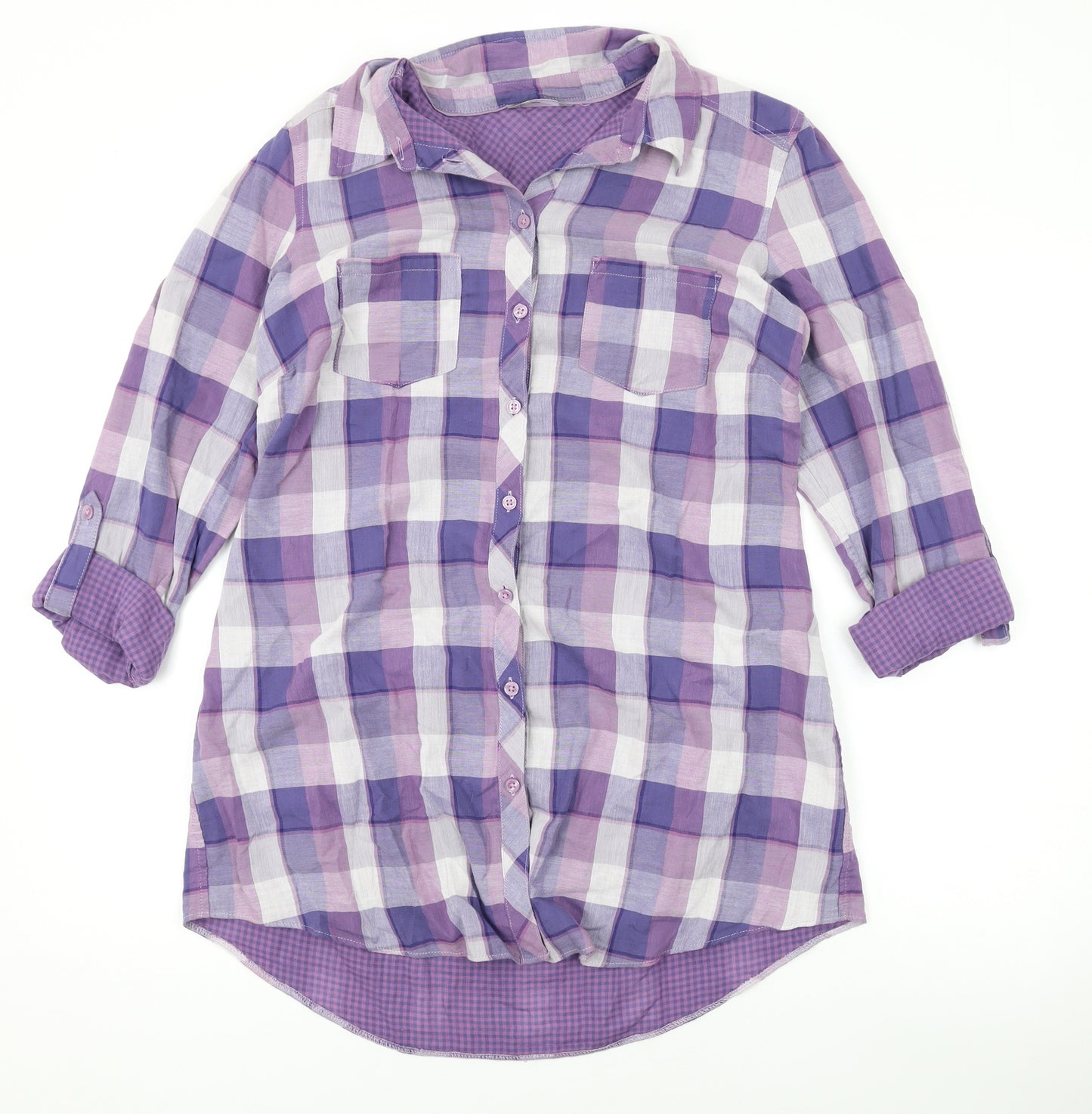 Marks and Spencer Womens Purple Plaid Cotton Basic Button-Up Size 14 Collared