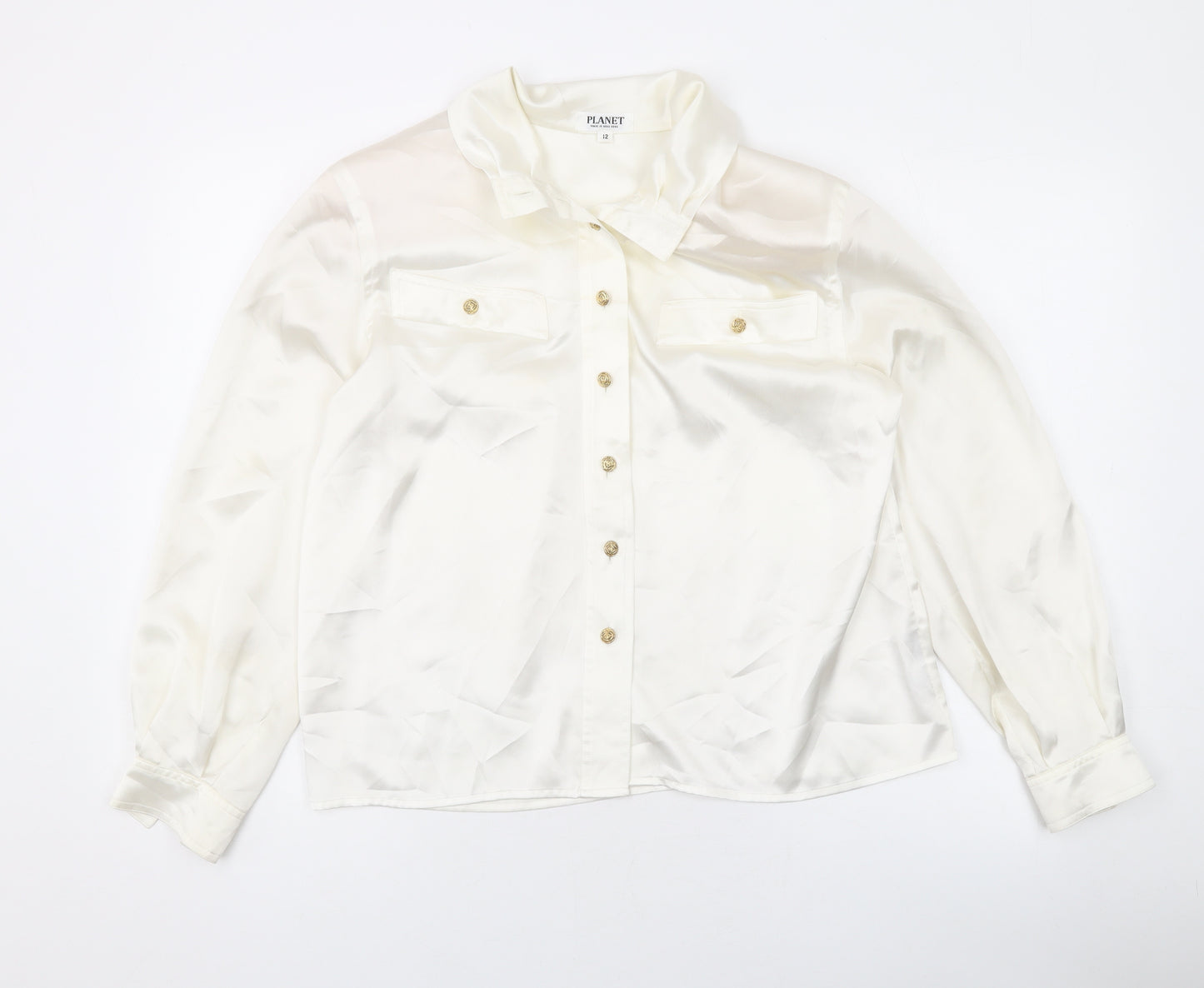 Planet Womens Ivory Polyester Basic Button-Up Size 12 Collared - `