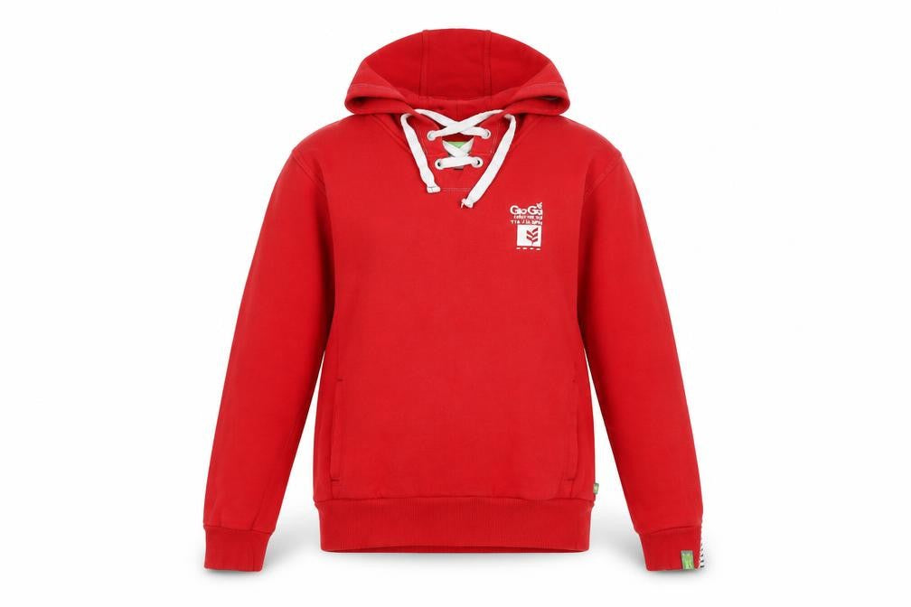 Front view of Gio-Goi women’s red cotton pullover hoodie, size M, pullover