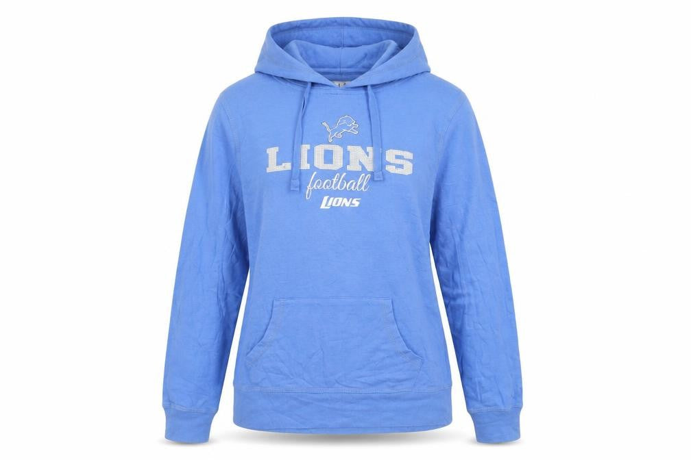 Front view of NFL women’s blue cotton pullover hoodie, size M, pullover - lions football