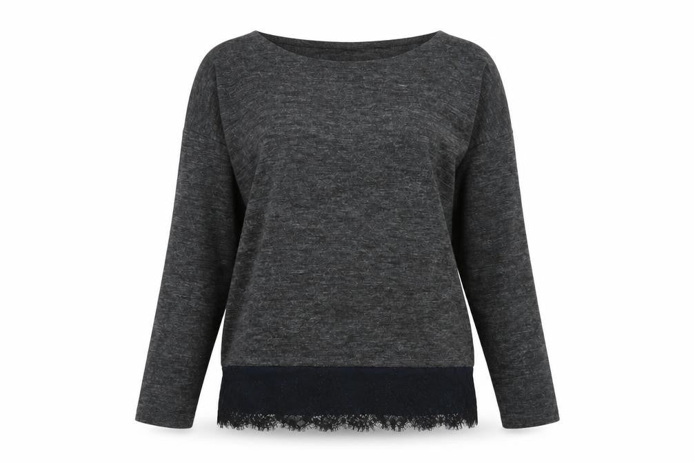 Front view of OVS women’s grey polyester basic t-shirt, size M, round neck - lace trim