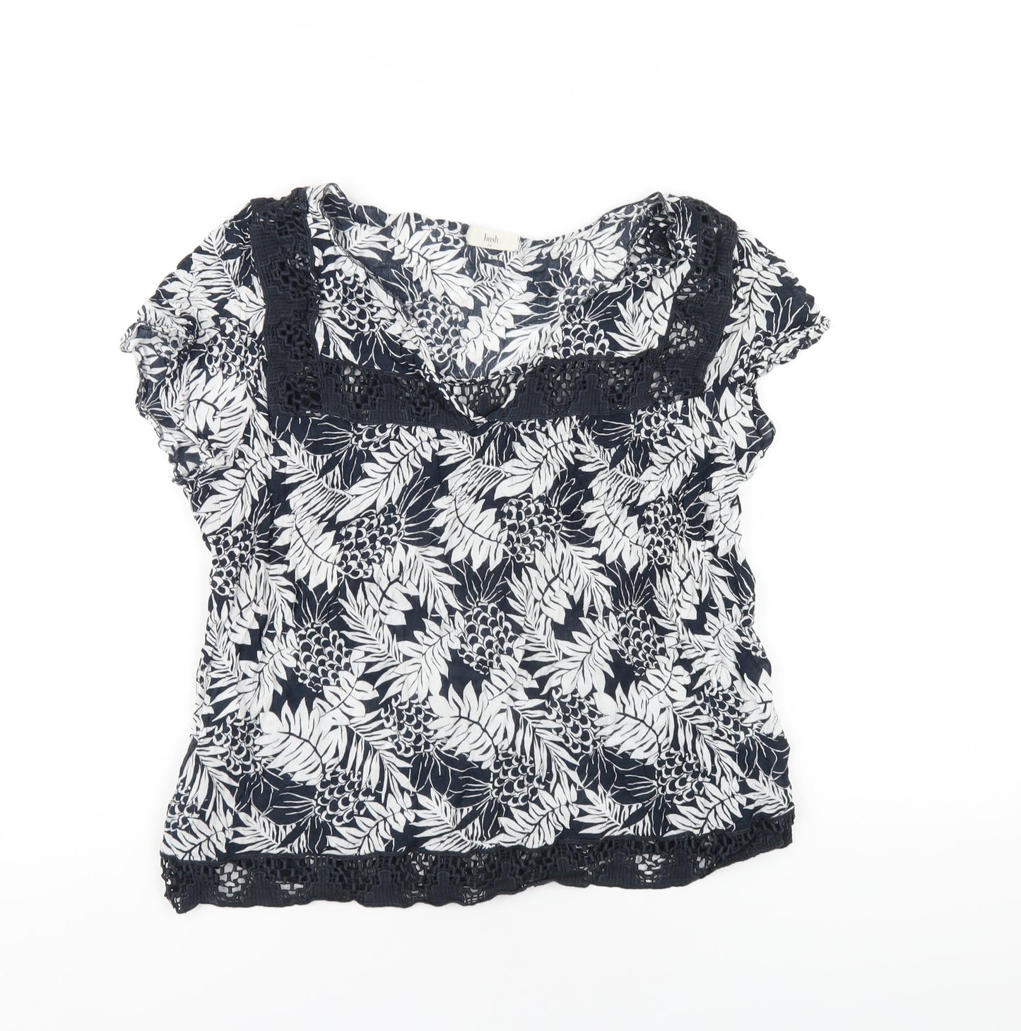 Hush Womens Blue Geometric Viscose Basic T-Shirt Size 10 V-Neck