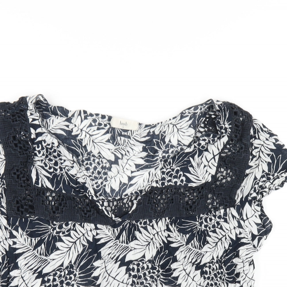 Hush Womens Blue Geometric Viscose Basic T-Shirt Size 10 V-Neck