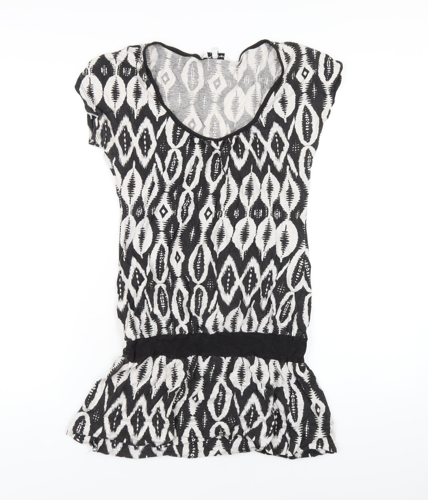 New Look Womens Black Geometric Cotton Basic T-Shirt Size 8 Scoop Neck