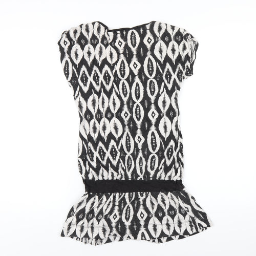 New Look Womens Black Geometric Cotton Basic T-Shirt Size 8 Scoop Neck
