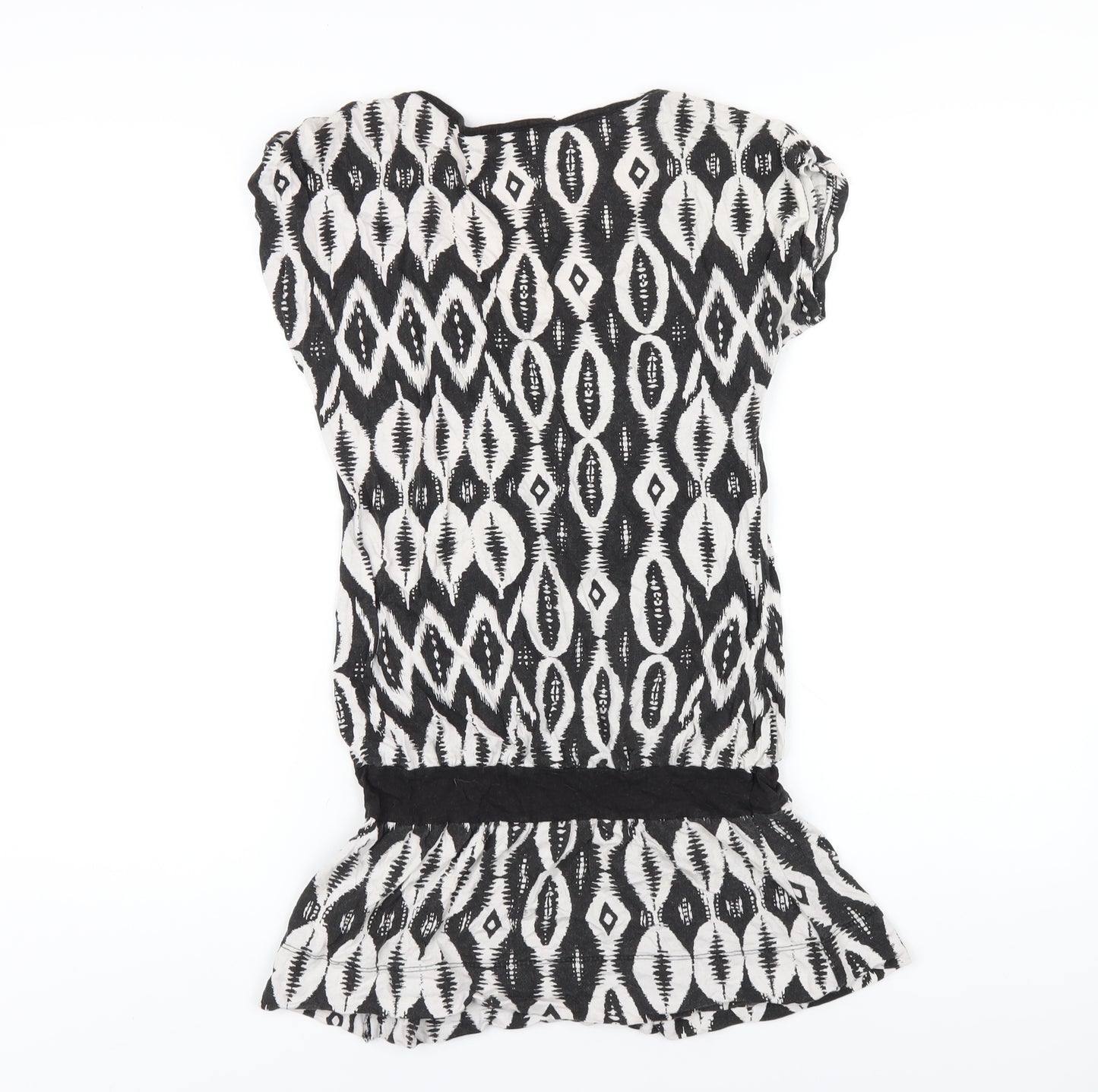 New Look Womens Black Geometric Cotton Basic T-Shirt Size 8 Scoop Neck