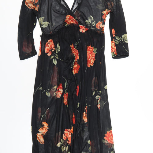 New Look Womens Black Floral Polyester A-Line Size 6 V-Neck Tie