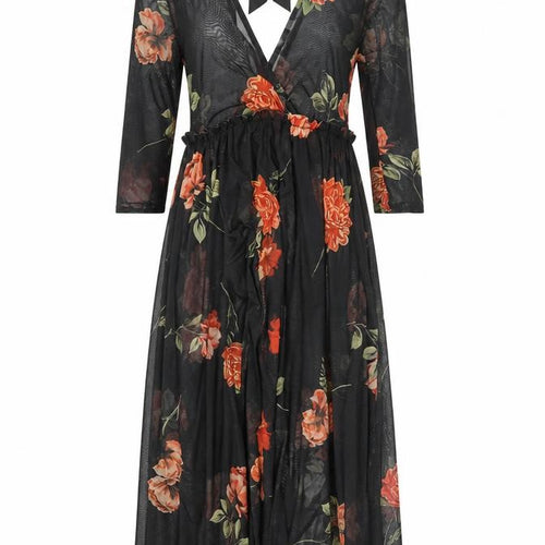 New Look Womens Black Floral Polyester A-Line Size 6 V-Neck Tie