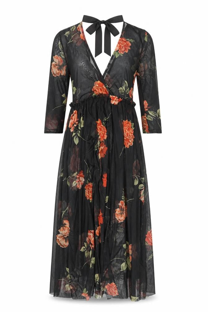 New Look Womens Black Floral Polyester A-Line Size 6 V-Neck Tie