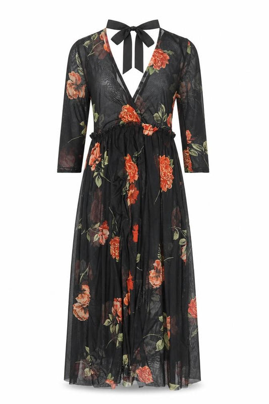 Front view of New Look women’s black floral polyester a-line, size UK 6, v-neck tie