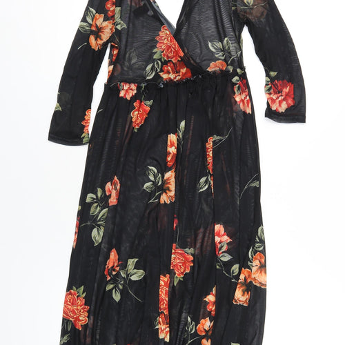 New Look Womens Black Floral Polyester A-Line Size 6 V-Neck Tie