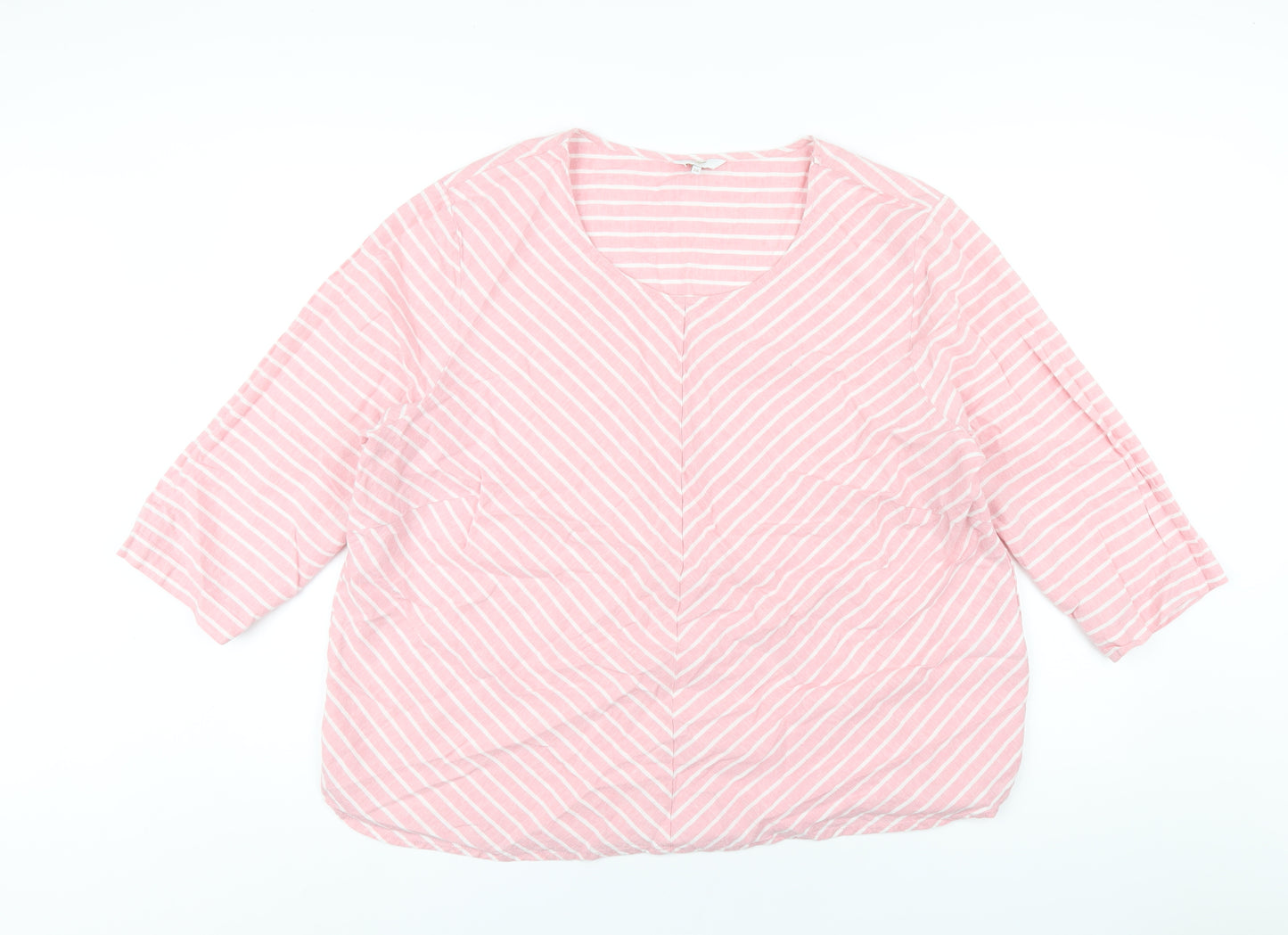 Cotton Traders Womens Pink Striped Linen Basic T-Shirt Size 20 V-Neck