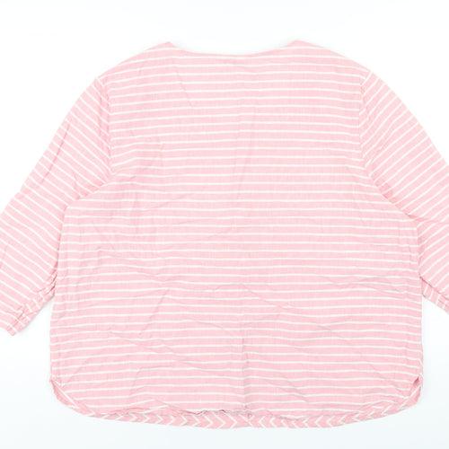 Cotton Traders Womens Pink Striped Linen Basic T-Shirt Size 20 V-Neck