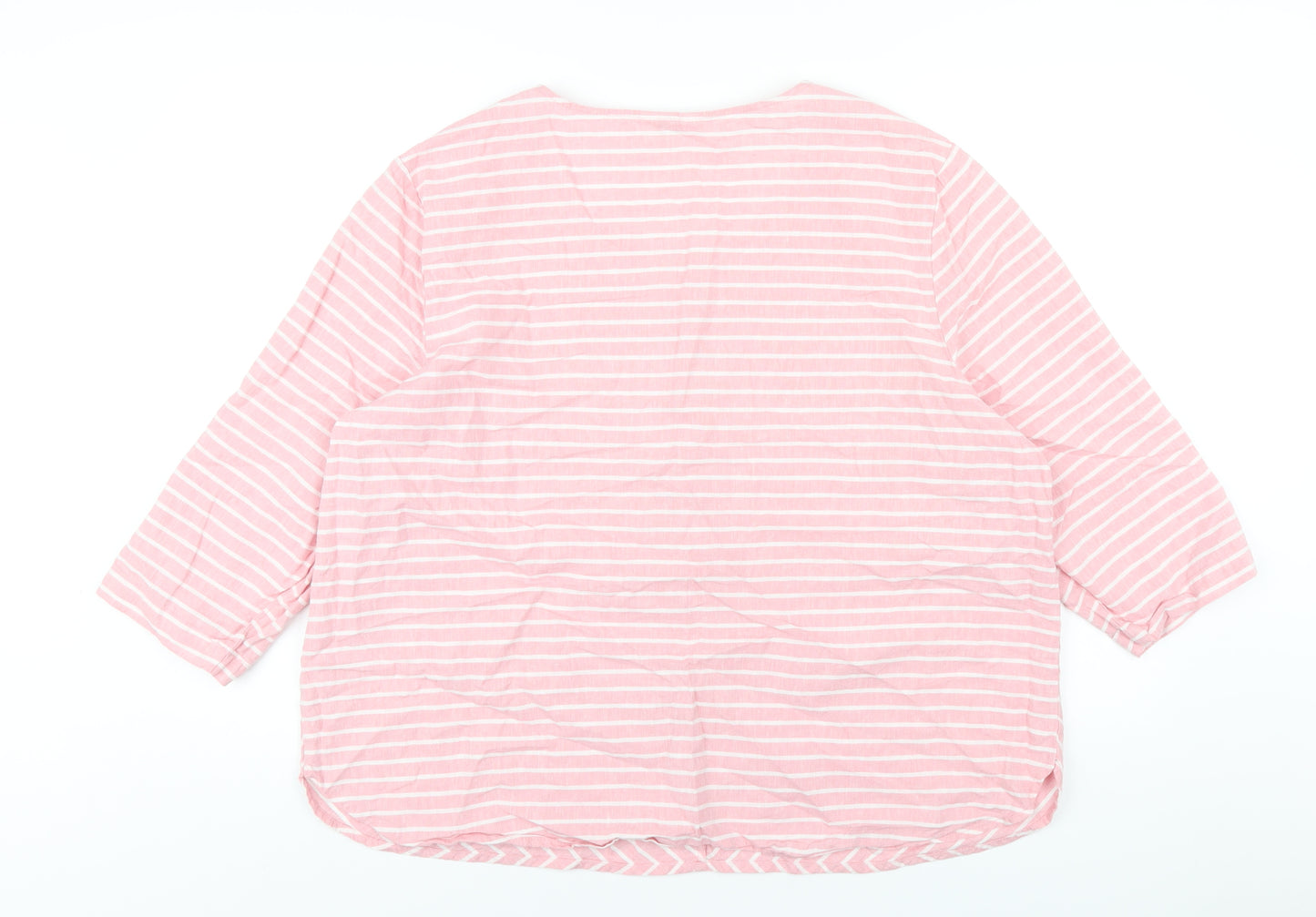 Cotton Traders Womens Pink Striped Linen Basic T-Shirt Size 20 V-Neck