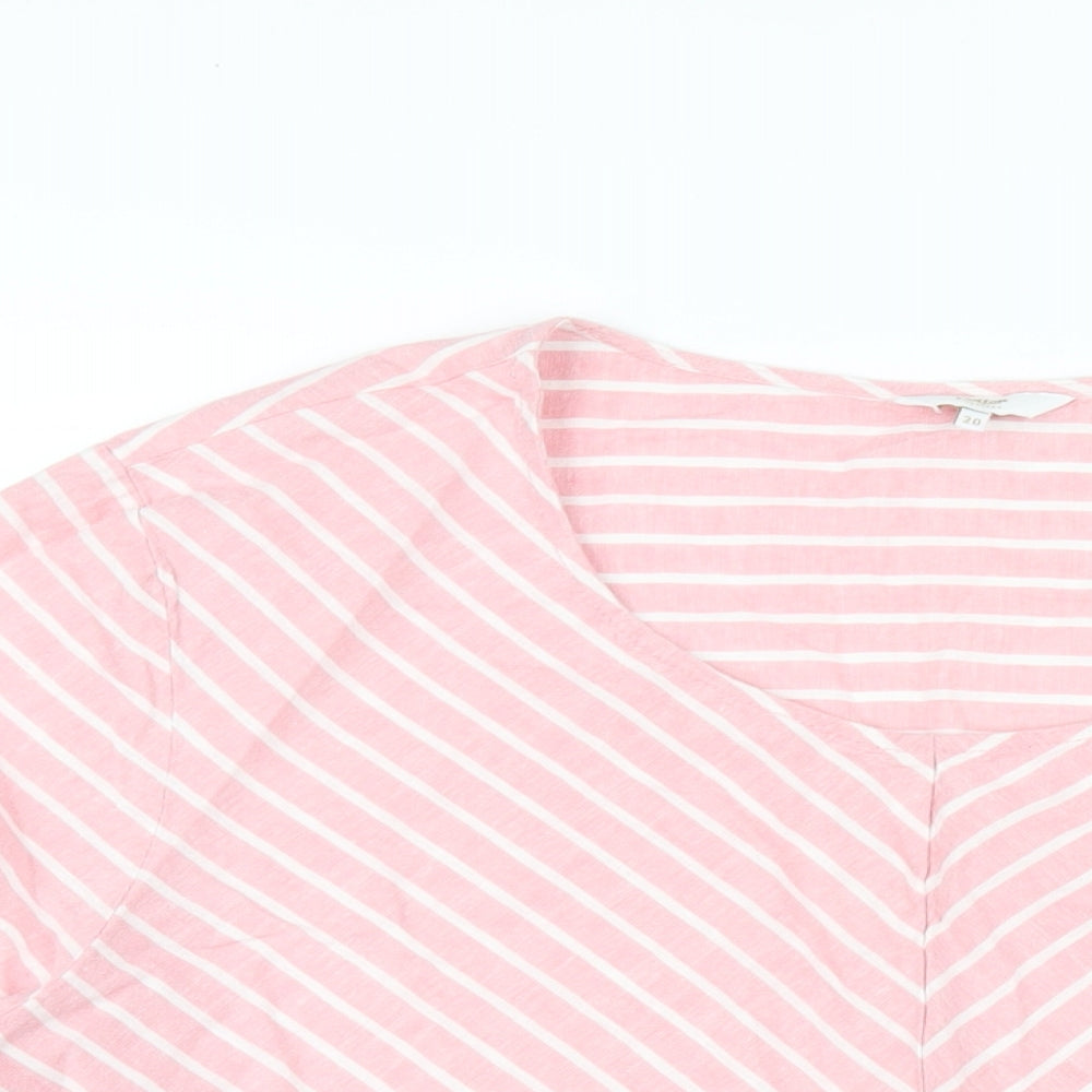 Cotton Traders Womens Pink Striped Linen Basic T-Shirt Size 20 V-Neck