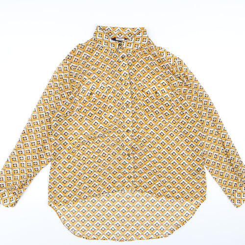 NEXT Womens Yellow Geometric Polyester Basic Button-Up Size 10 Collared